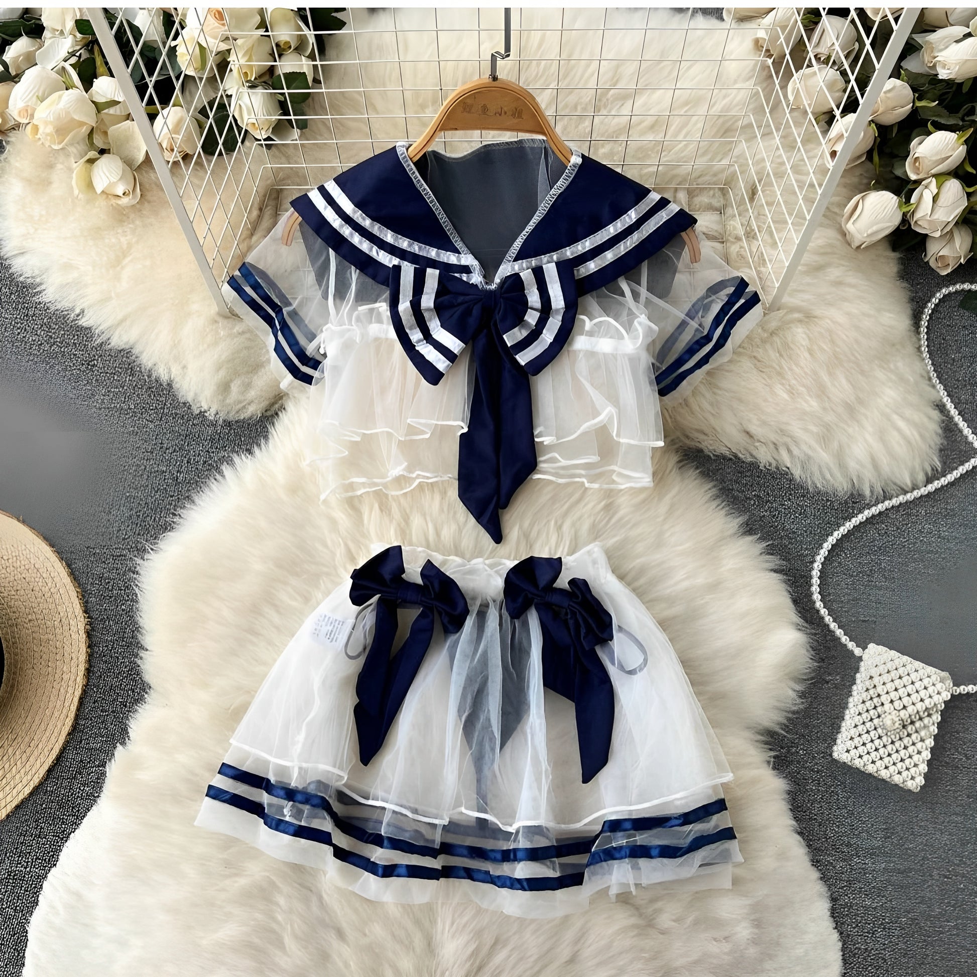 Sailor Tease Mesh Three Piece Lingerie