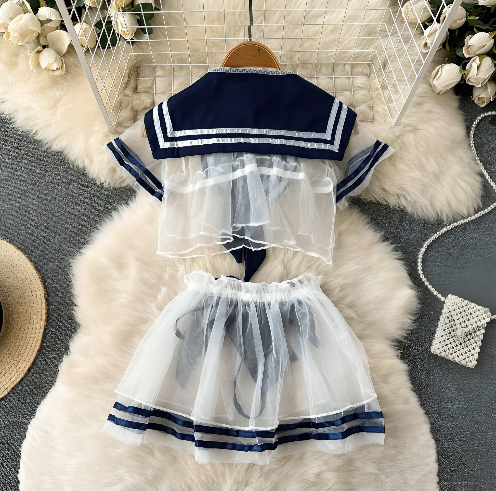 Sailor Tease Mesh Three Piece Lingerie